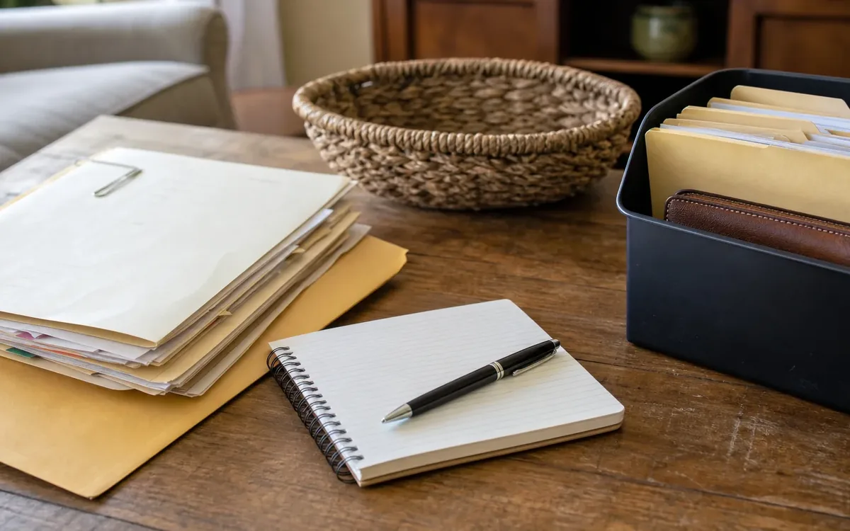 A blank spiral notebook and pen sit on a wooden table beside stacked papers, folders, a woven basket, and a file bin.