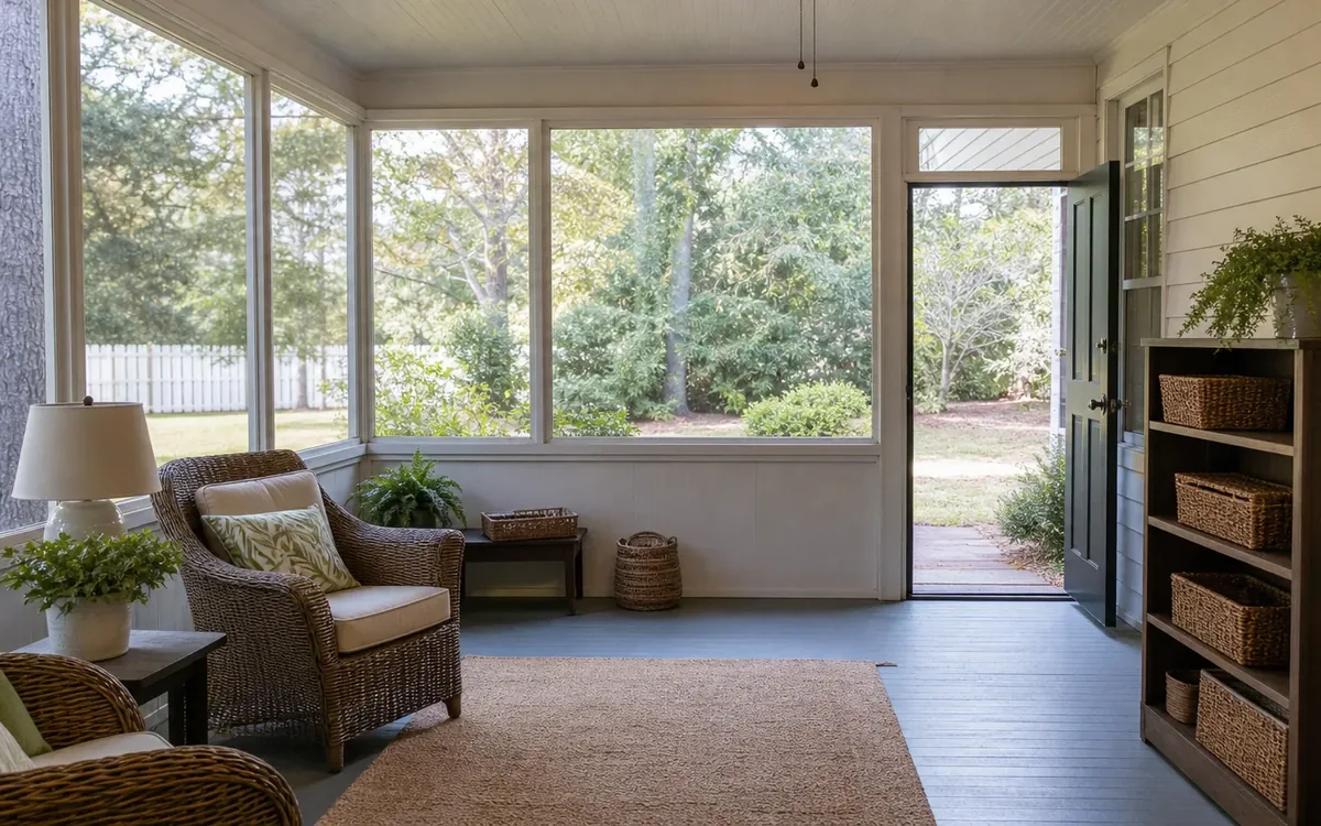 Screened porch with wicker chairs, cushions, a lamp, potted plants, basket shelving, and an open door overlooking a yard.