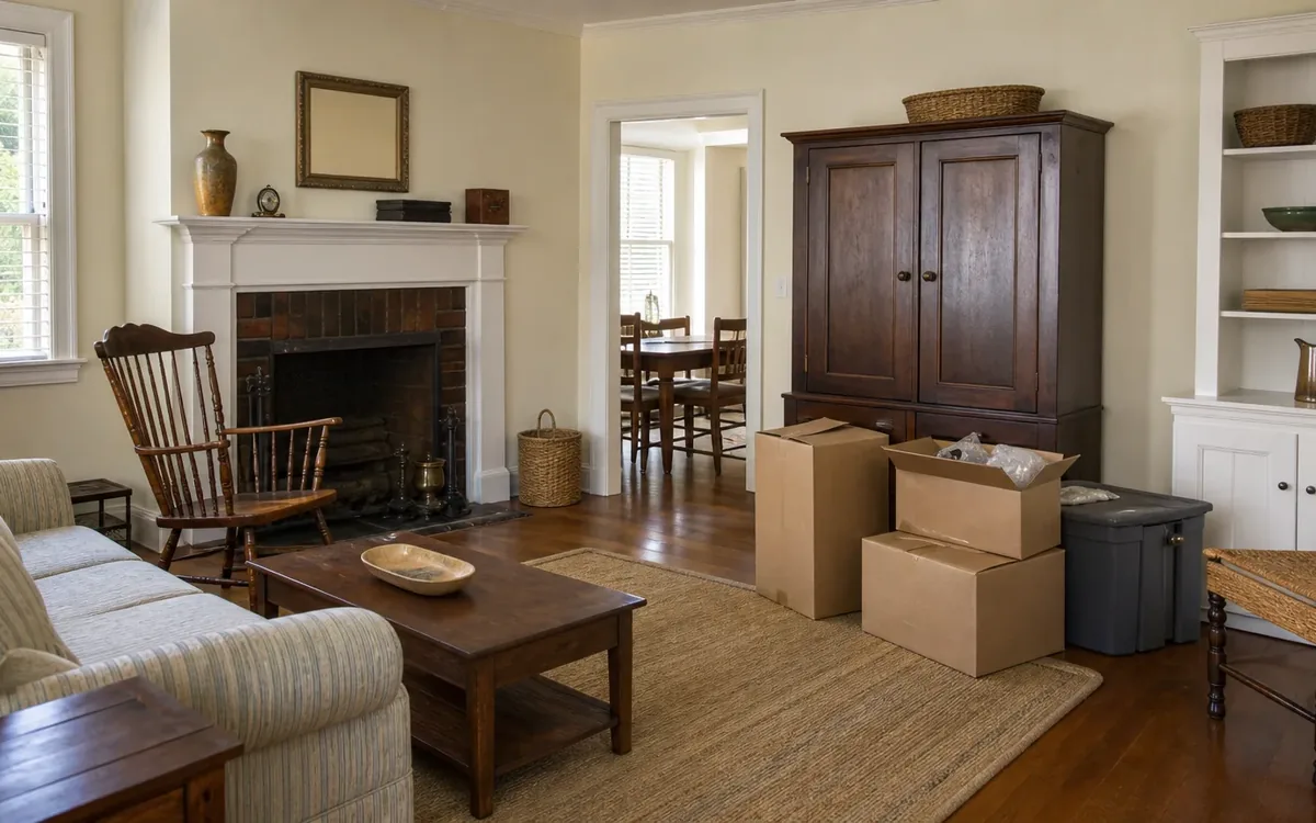 Cardboard boxes and a gray storage bin sit beside a wooden cabinet in a furnished living room, suggesting estate cleanout sorting.