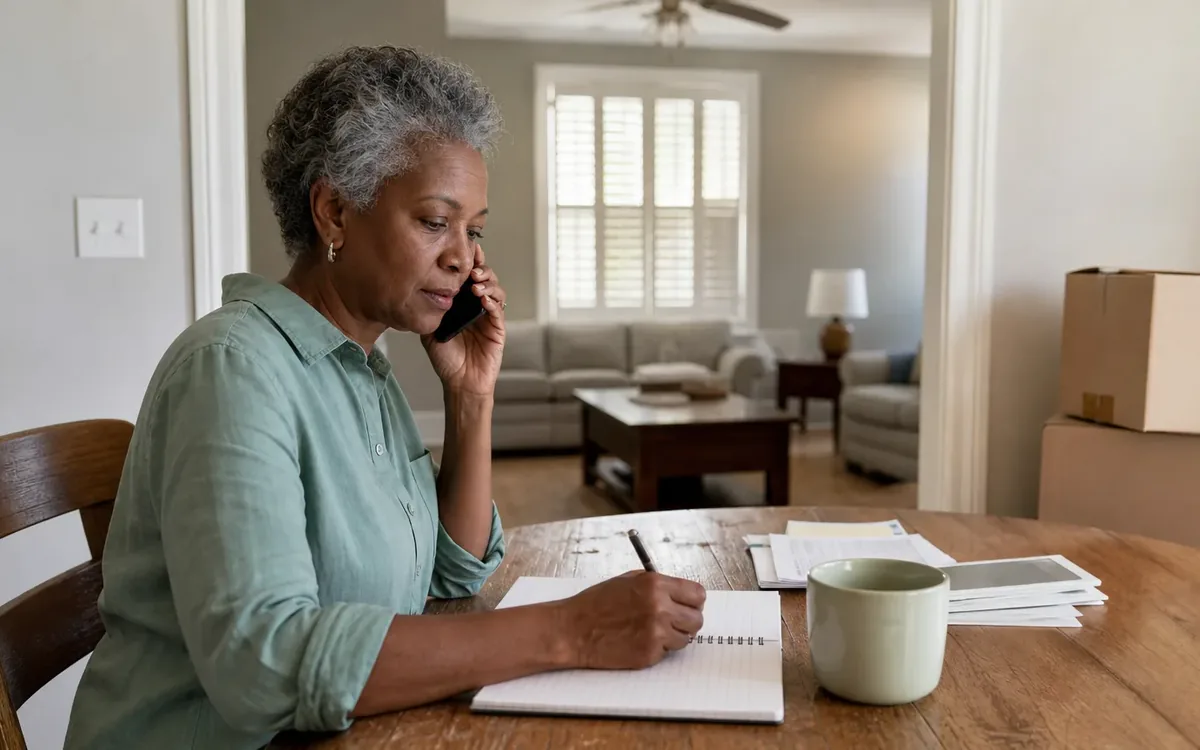 An older woman talks on the phone while writing in a notebook beside paperwork, a mug, and packed moving boxes.