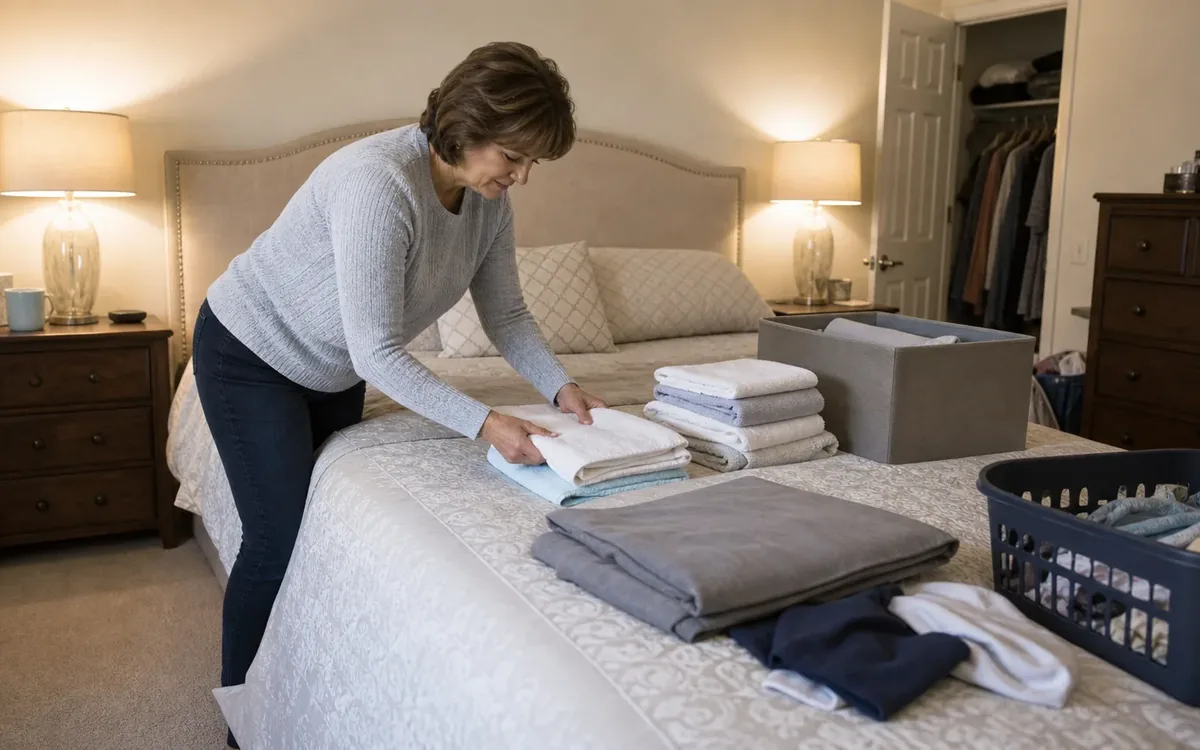 A woman arranges folded towels and linens beside storage bins on a neatly made bed in a furnished bedroom.