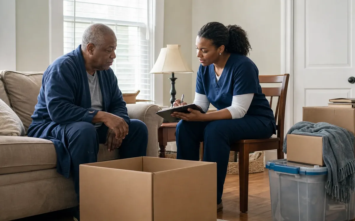 A home health worker writes on a clipboard beside an older man, with moving boxes and a storage bin around them.