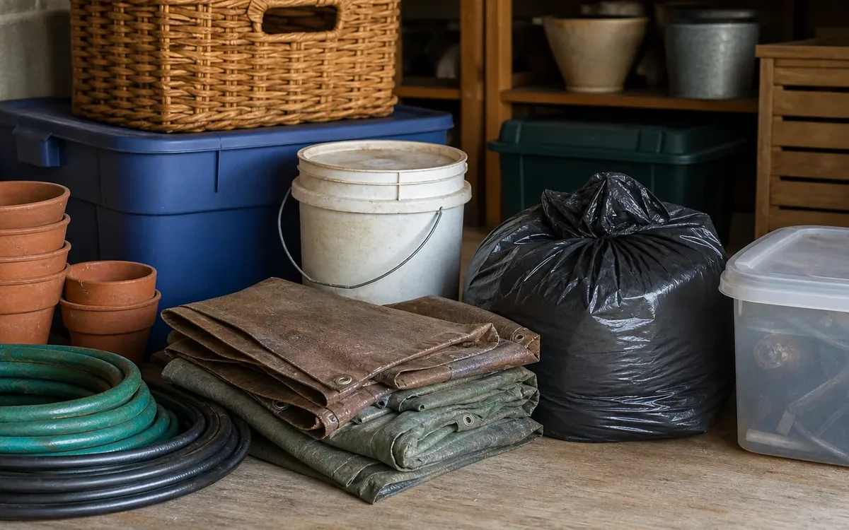 Bins, buckets, plant pots, coiled hoses, folded tarps, and a black trash bag stored on a concrete floor.