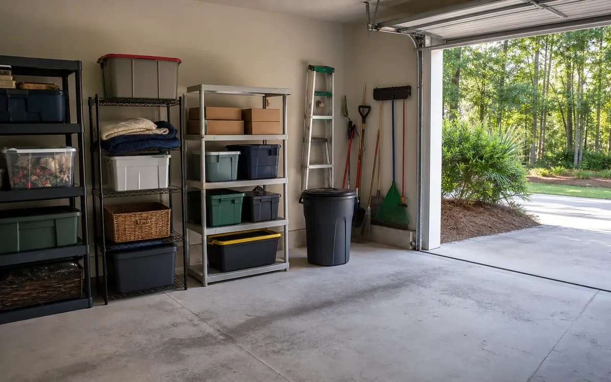 Open garage with shelving, storage bins, boxes, baskets, tools, a ladder, and a trash can beside the driveway.