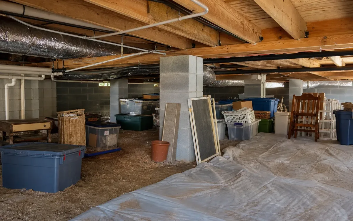 Crawl space filled with plastic bins, baskets, frames, chairs, pots, and other stored items to remove before listing.