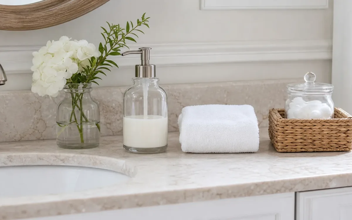Decluttered bathroom counter with flowers, soap dispenser, folded towel, and a woven basket holding a lidded jar.