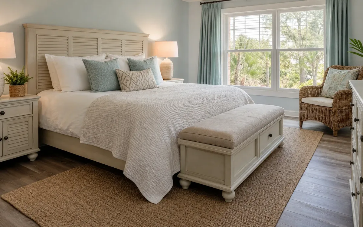 Bright bedroom with a neatly made bed, storage bench, woven rug, nightstands, dresser, and wicker chair.