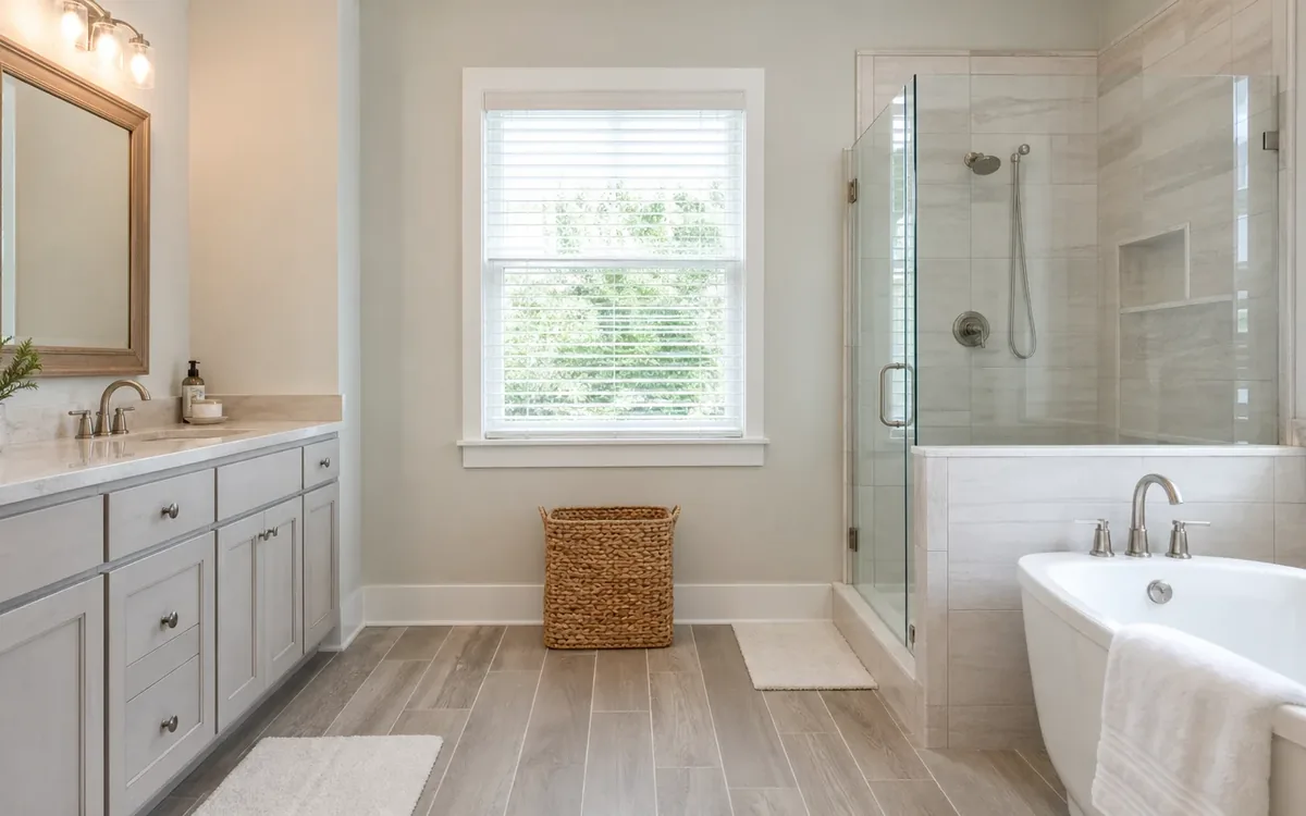 Bright, uncluttered bathroom with clear counters, gray vanity, glass shower, soaking tub, and woven hamper.