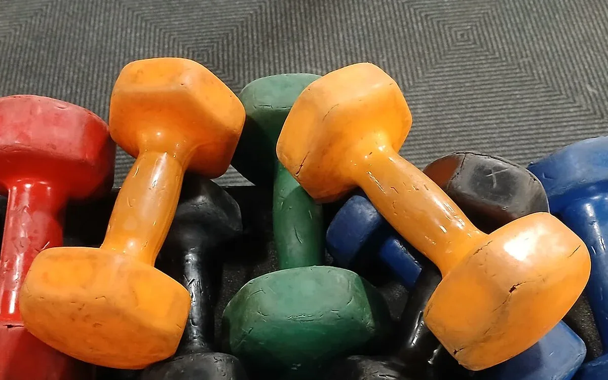 Red, orange, green and blue coated dumbbells are grouped together on a dark rack above a patterned gray floor