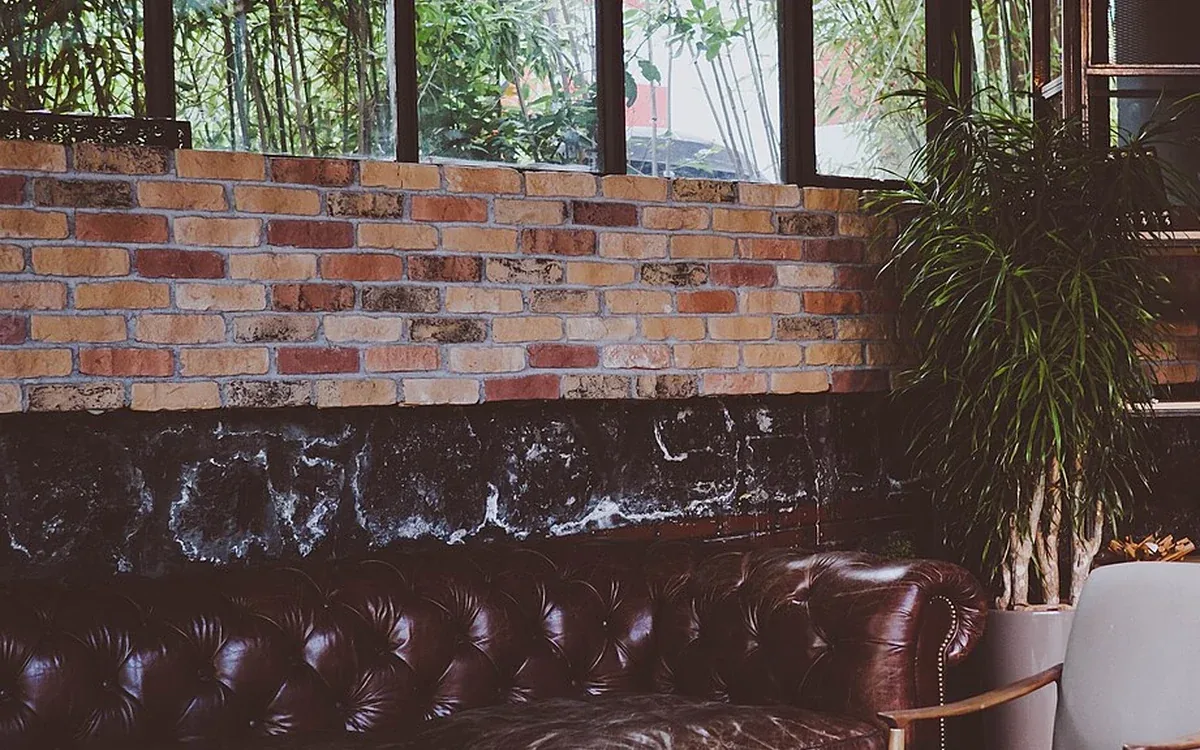A dark leather sofa stands beside a leafy potted plant and a brick wall
