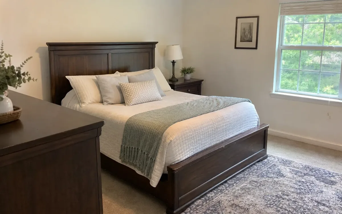 Fully assembled dark wood bed, nightstand, and dresser in a bright bedroom before a move.
