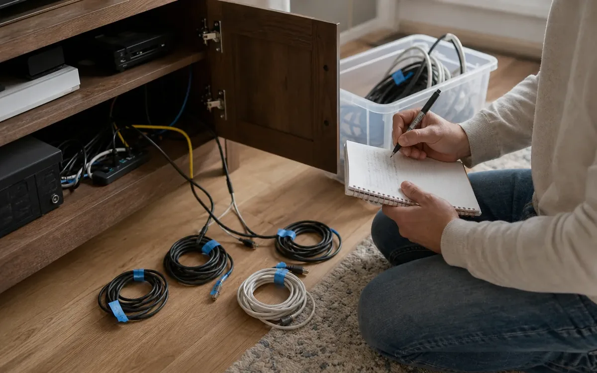 Person records cable connections in a notebook beside an open media cabinet and labeled coils of electronic cords.