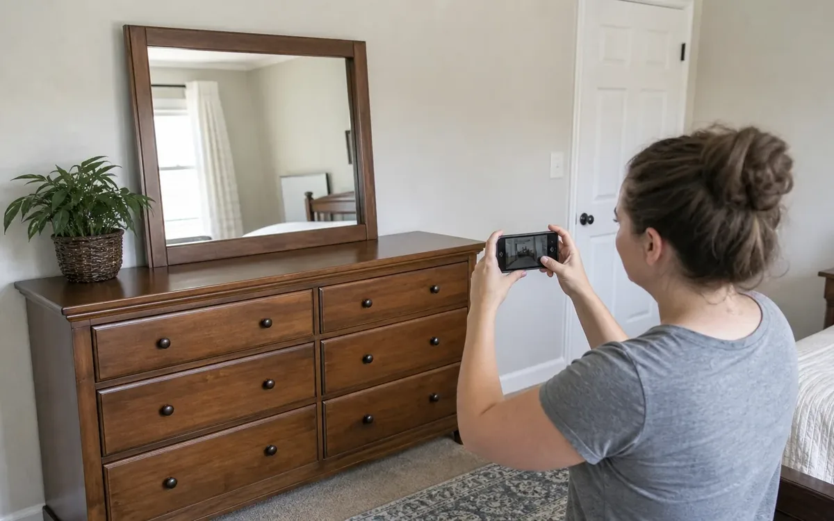 Woman uses a smartphone to photograph an assembled wooden dresser and mirror in a bedroom before a move.