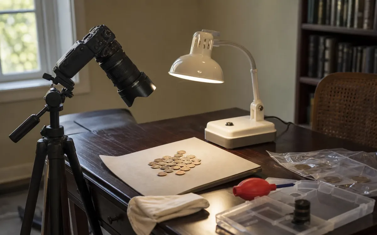 A tripod-mounted camera points at coins on a light board beside a desk lamp, with coin sleeves and storage supplies nearby.