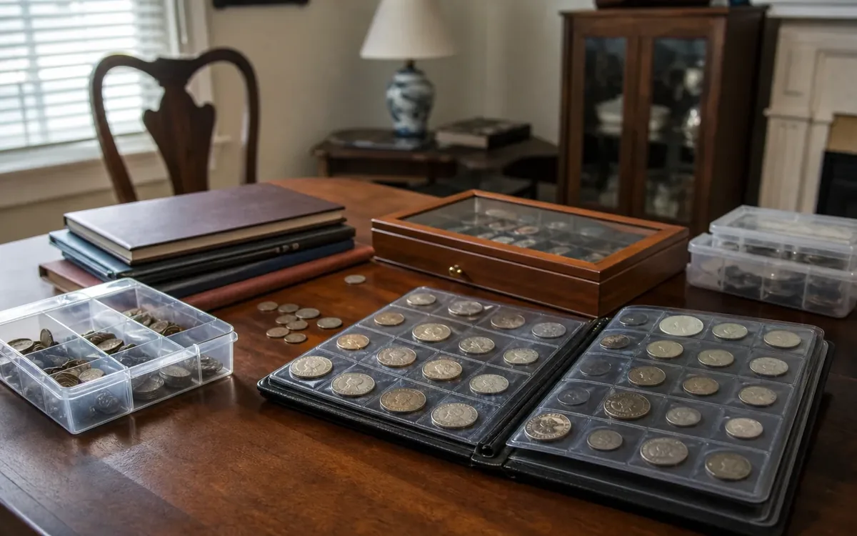 Coins in an open collector album, clear compartment boxes, and a wooden display case sit beside stacked binders on a dining table.