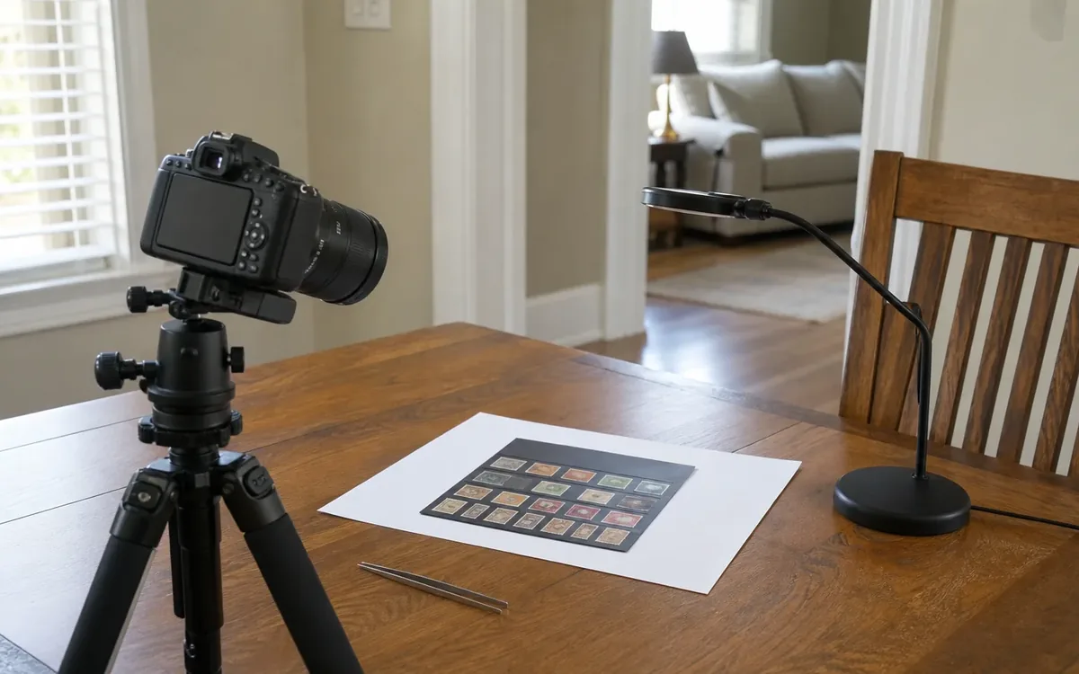 A camera on a tripod faces a sheet showing postage stamps on a wooden table beside a desk lamp and tweezers.