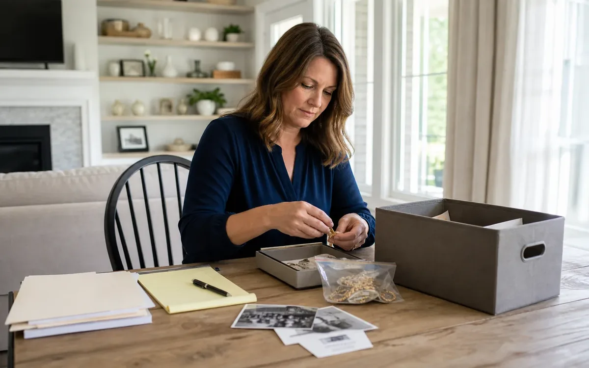 A woman sorts jewelry at a wooden table with a shallow tray, a clear bag, photographs, papers, a notepad, and a storage box.