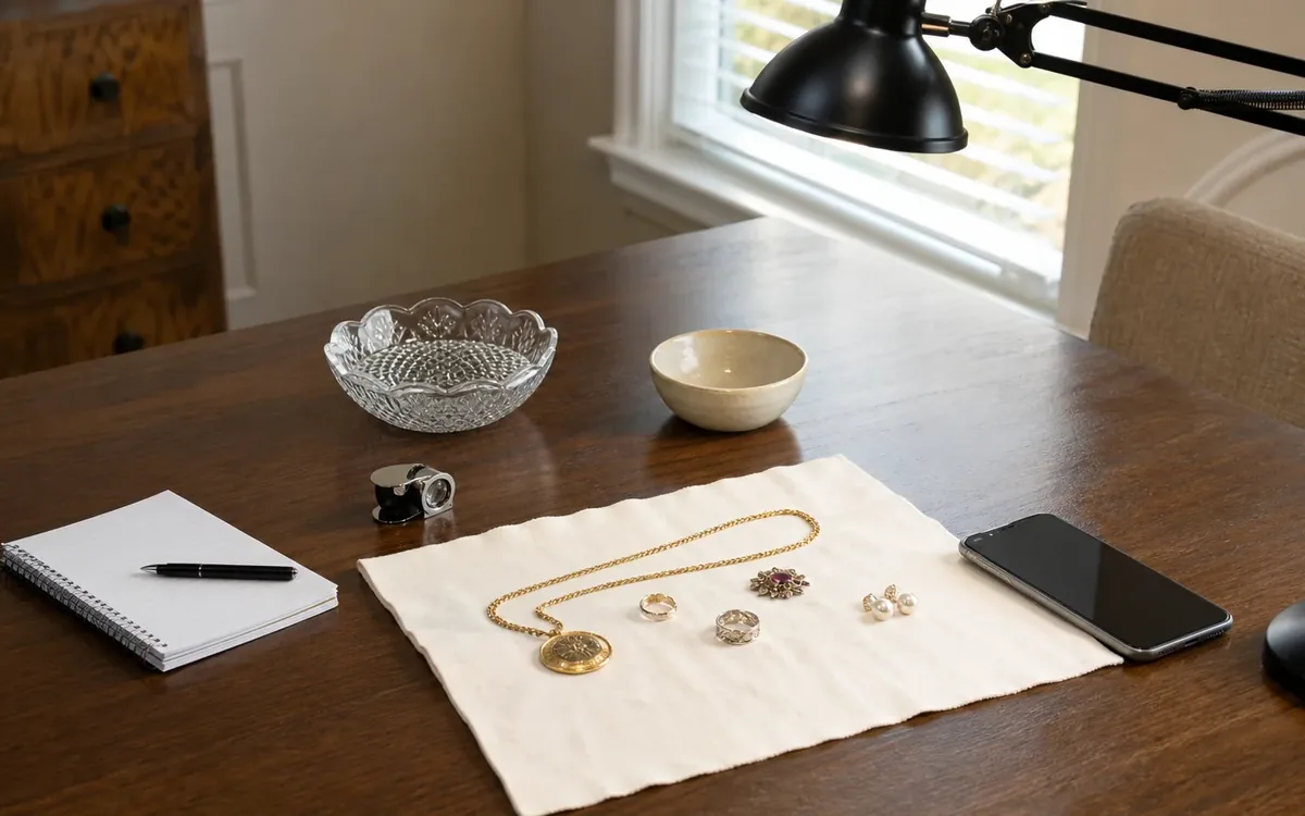 Jewelry arranged on a white cloth on a wooden table beside a loupe, blank notebook, pen, smartphone and desk lamp.