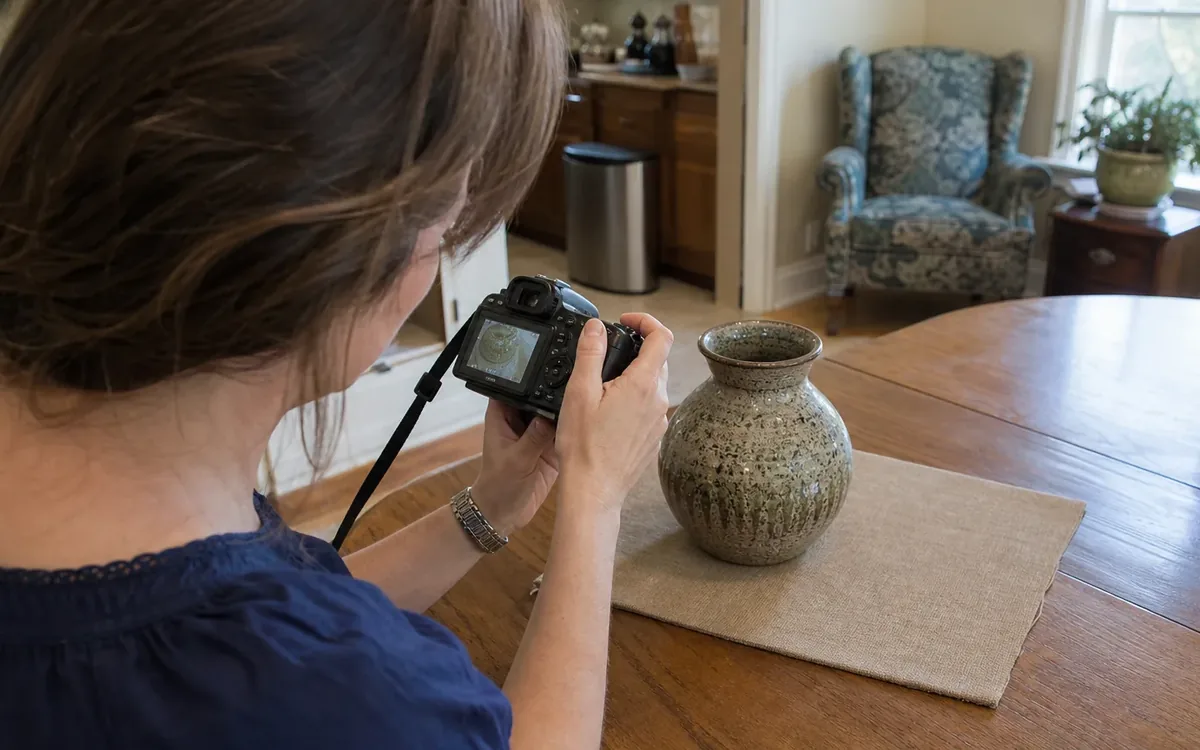 A woman holds a digital camera toward a speckled ceramic vase resting on a fabric pad on a wooden table.