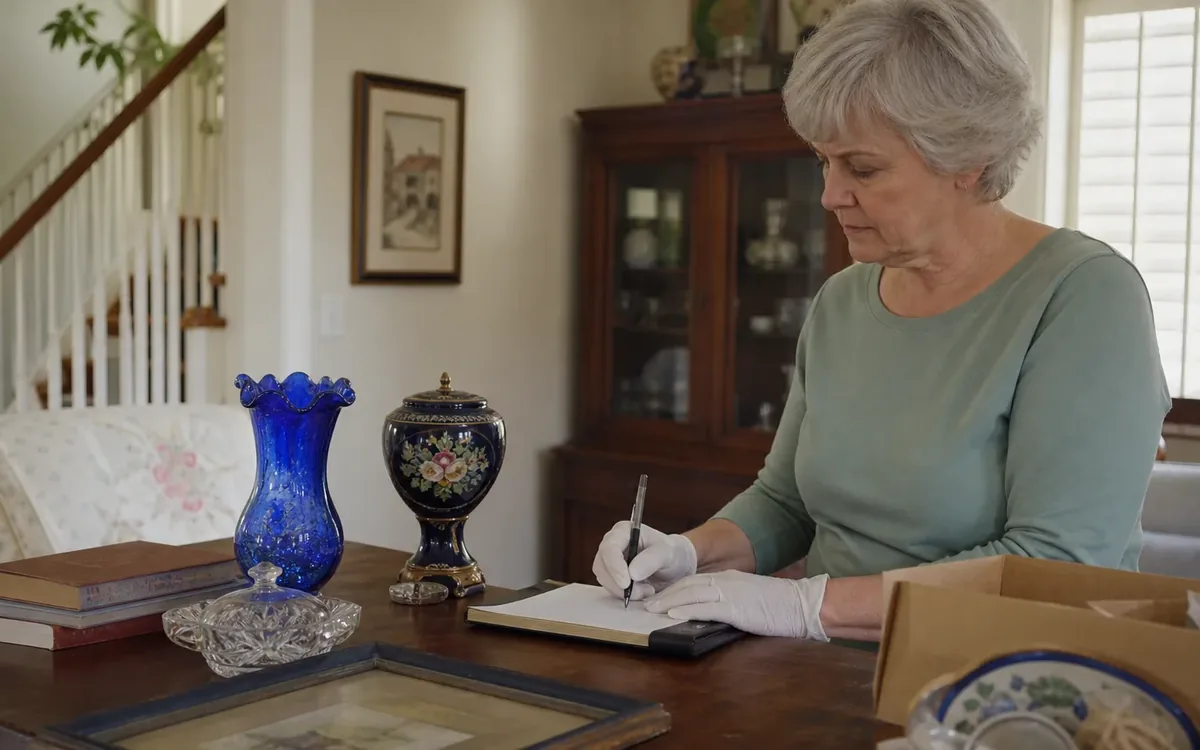 A woman wearing white gloves writes in a notebook beside a blue vase, a floral urn, books, and a glass dish on a wooden table.