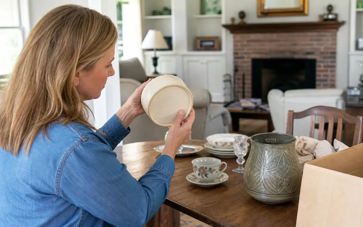 A woman examines the underside of a cream ceramic bowl beside floral teacups, plates, a patterned vase, and an open box.