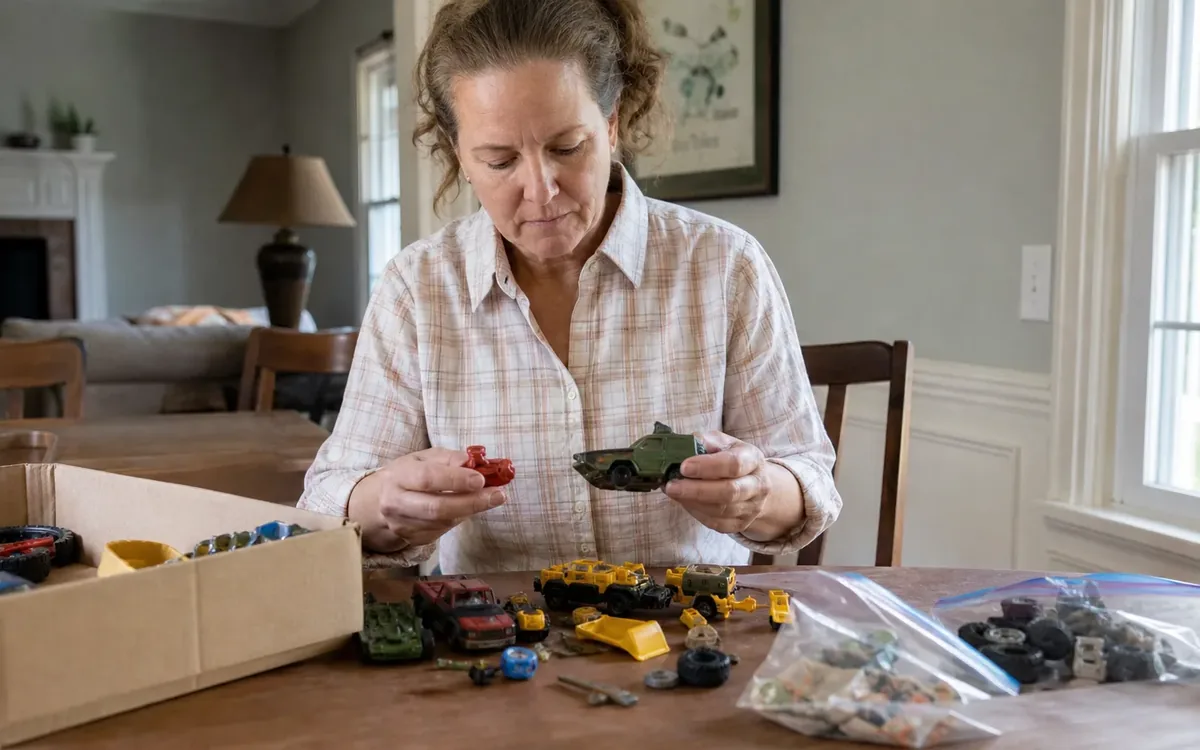 A woman holds a green toy vehicle and a small red piece above a table covered with toy cars, loose accessories, and clear bags.