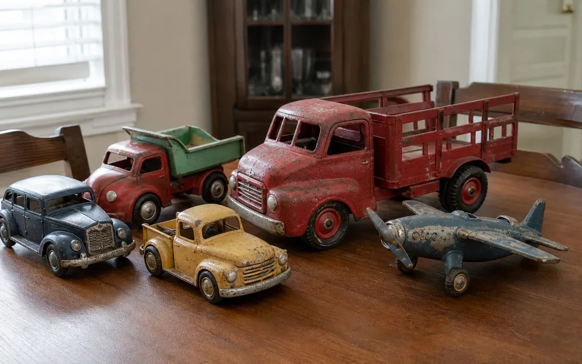 Five worn vintage toy vehicles, including three trucks, a blue car and a propeller airplane, sit on a wooden dining table.