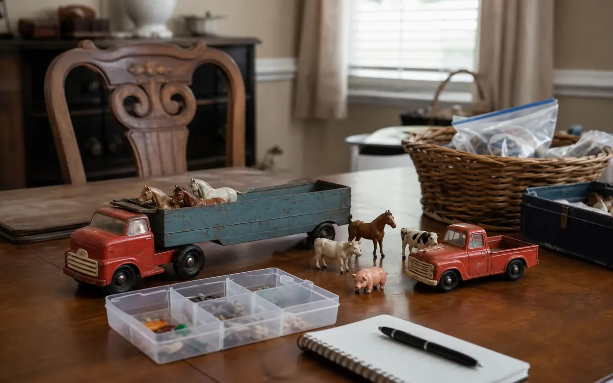 Vintage toy trucks and farm animals sit on a wooden table beside a compartment organizer, storage bags, and a notebook.