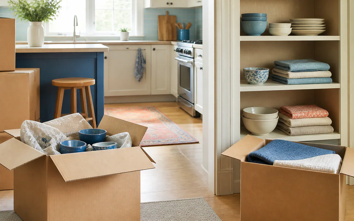 Labeled moving boxes beside a household checklist for a Charleston, SC guide answering "Does packing service include unpacking"