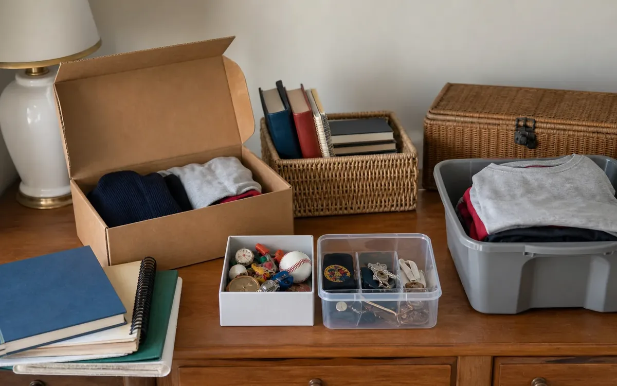 Open boxes and bins hold folded clothes, notebooks, books, keepsakes, jewelry, and small childhood belongings.