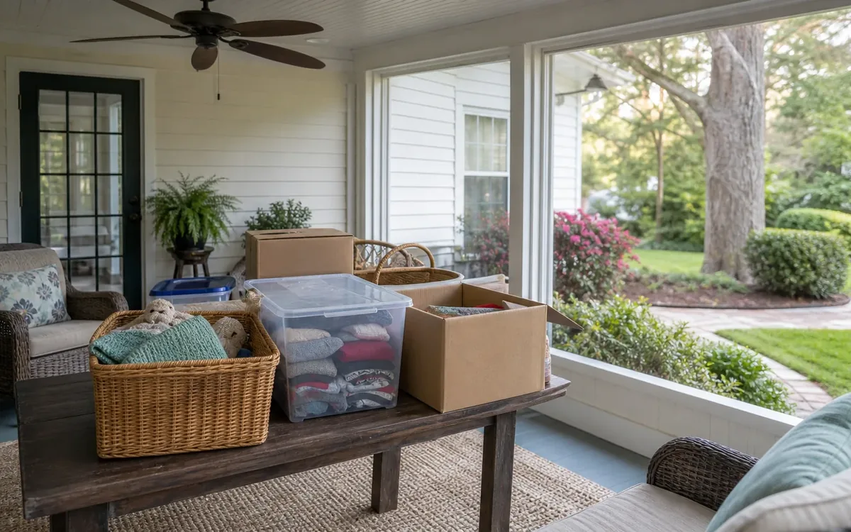 Wicker basket, clear storage bin, and open cardboard boxes arranged on a porch table for sorting belongings.