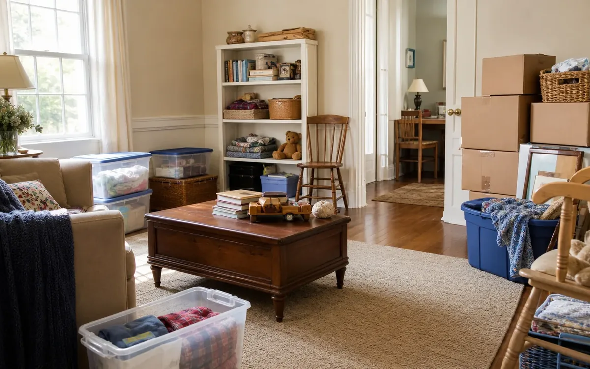 Living room with stacked moving boxes, clear storage bins, books, baskets, and stuffed animals ready for sorting.