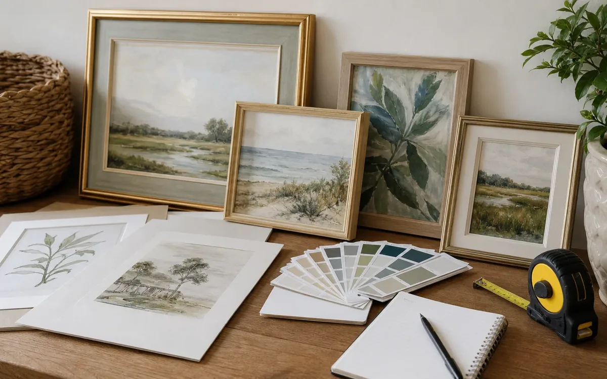Framed landscape and botanical art, loose prints, color swatches, tape measure, and notebook arranged on a table.