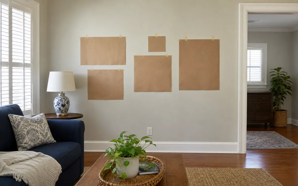 Brown paper templates taped to a living room wall test framed art placement above a navy sofa.
