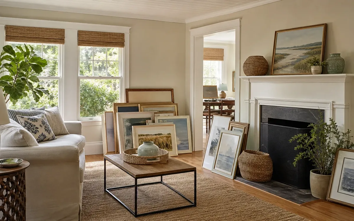 Framed landscape artwork in assorted sizes leans around a fireplace and coffee table in a compact living room.