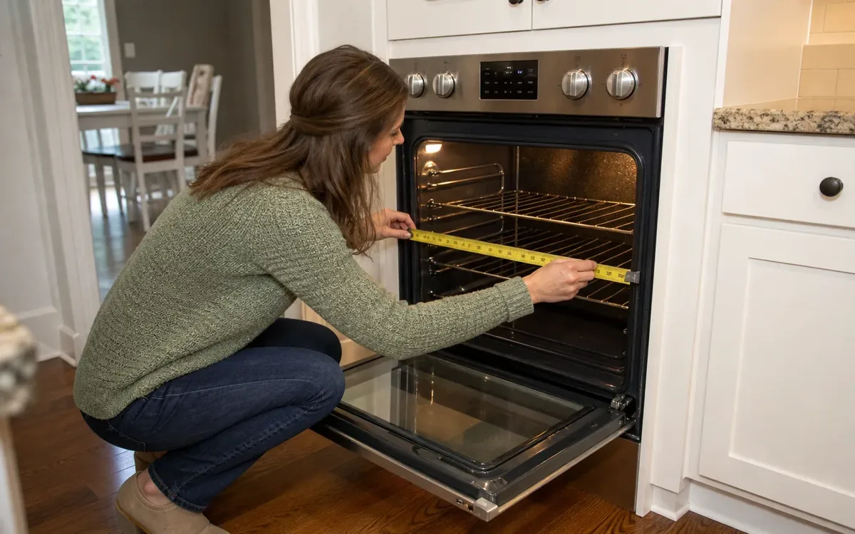 A woman crouches beside an open wall oven, holding a yellow measuring tape across its interior to check the width.