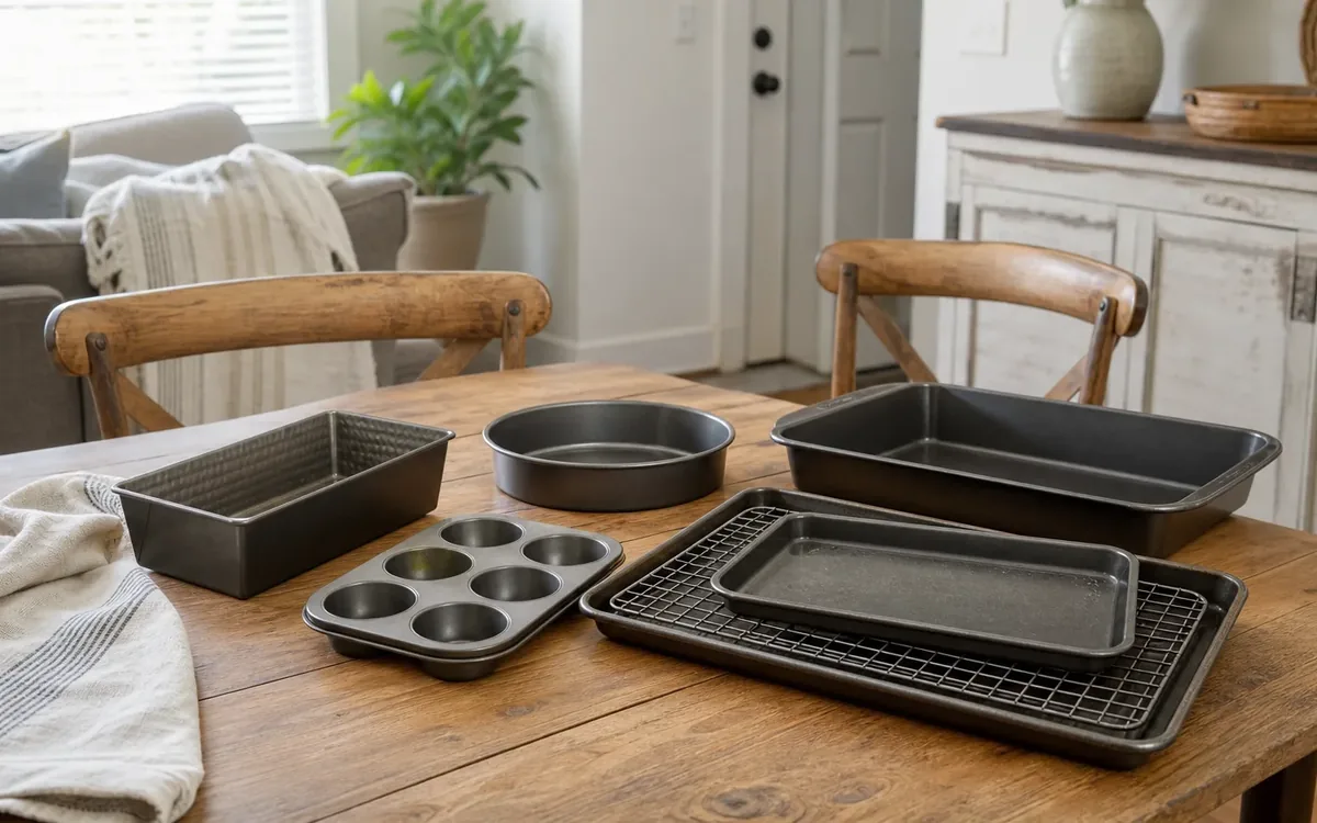 Loaf, round cake, muffin and rectangular baking pans arranged with a cooling rack and striped towel on a wooden table.
