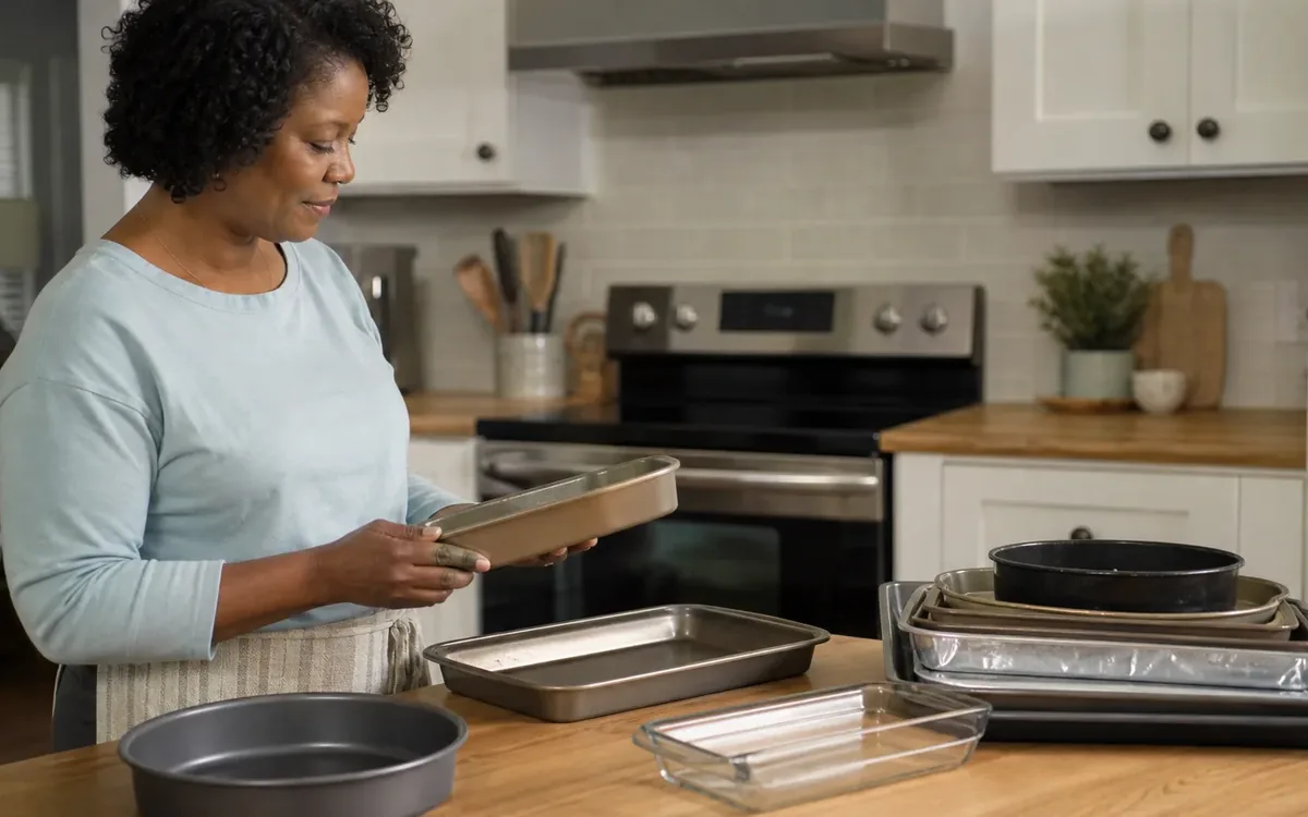 A woman holds a rectangular baking pan beside assorted round, rectangular, and glass baking dishes on a kitchen island.