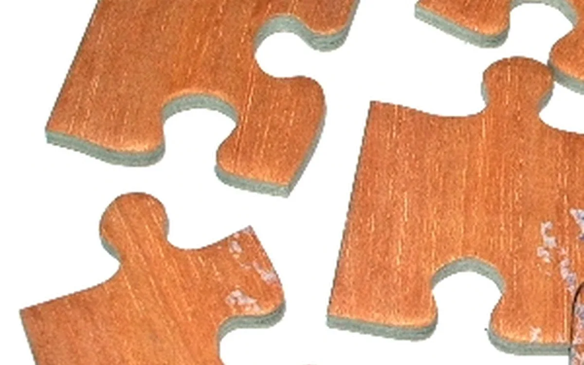 Several wooden jigsaw puzzle pieces show their plain brown backs and interlocking edges on a light background