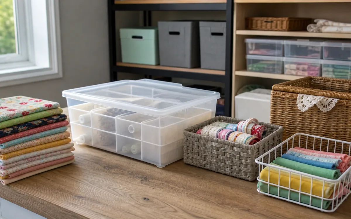 Clear organizers, baskets, folded fabric, and thread arranged on a craft room table beside storage shelves.