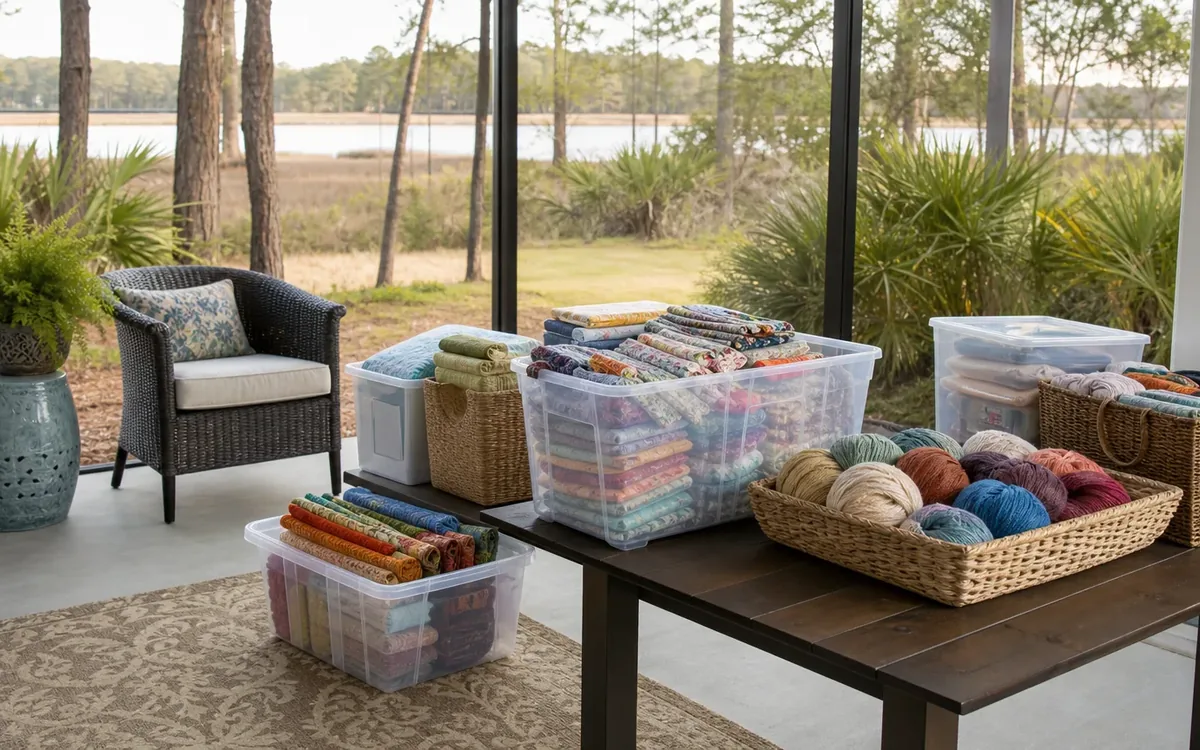 Clear bins of folded fabric and baskets of colorful yarn fill a table beside a chair on a screened porch.