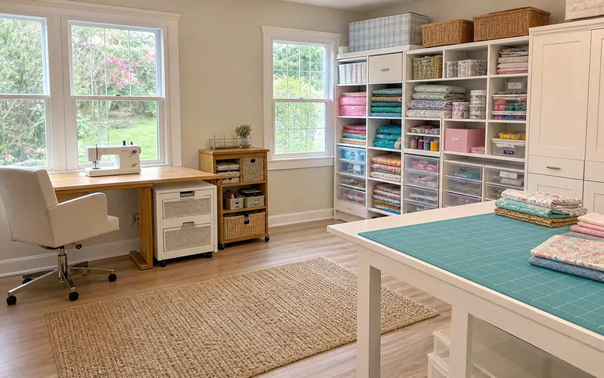 Organized sewing room with fabric-filled shelves, storage bins, sewing machine, and a large cutting table.