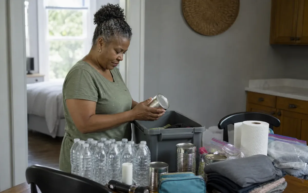 A woman sorts canned food beside water, blankets, a flashlight, and storage bins on a dining table.