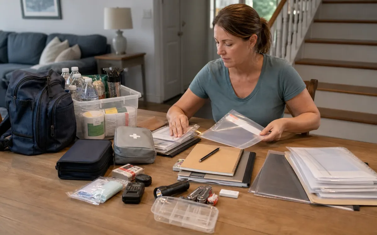 Woman organizes documents in plastic sleeves beside compact emergency kits, a backpack, water, tools, and first aid supplies.