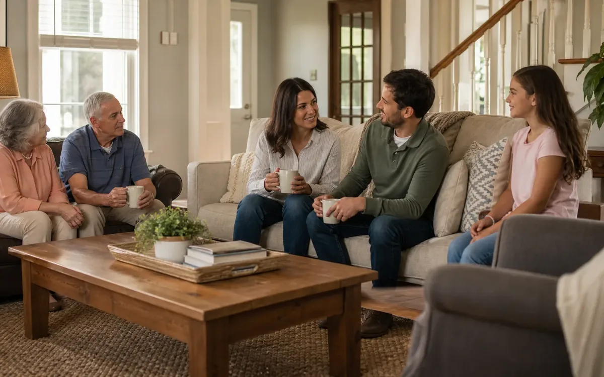 Three generations of a family sit together with coffee in a shared living room, discussing their multigenerational home.