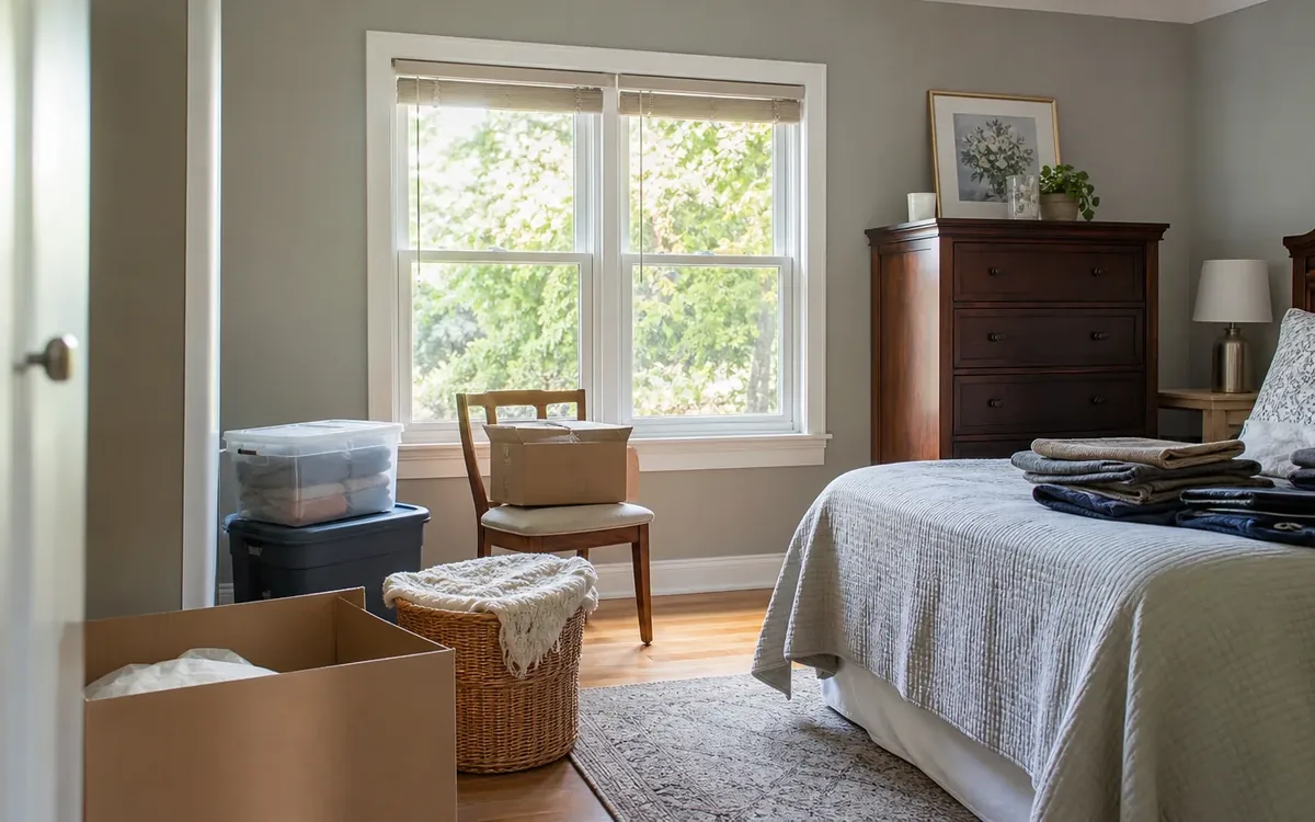 Bedroom with labeled-free storage bins, packing boxes, folded linens, a wicker basket, bed, dresser, and chair.