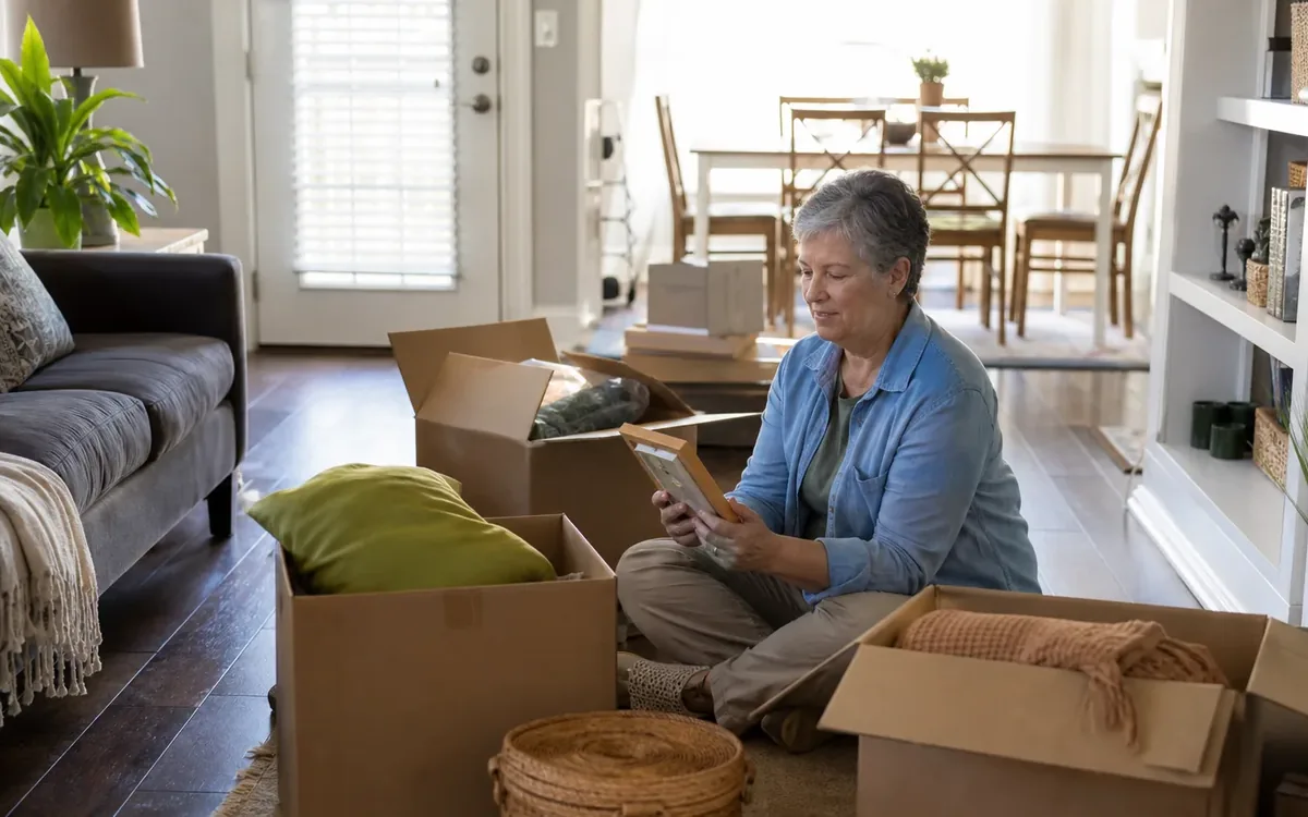 Older woman sits among moving boxes in a living room while sorting belongings and examining a framed item.