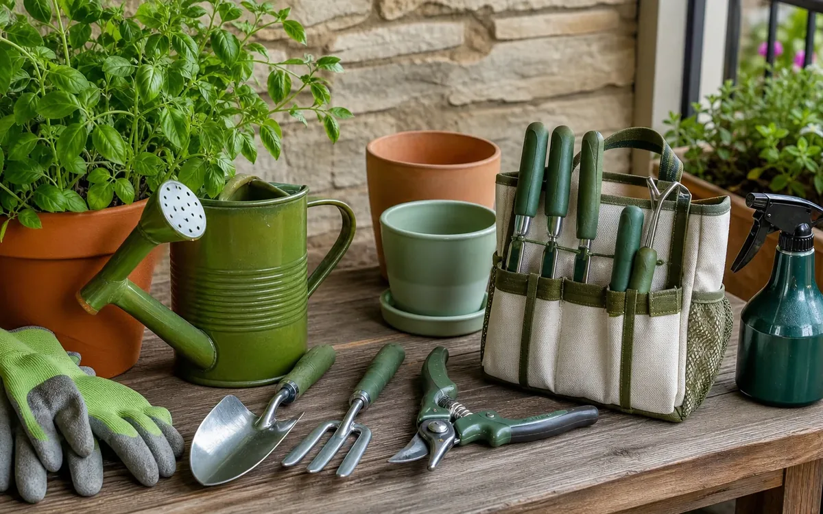 Compact hand tools, gloves, watering cans, pots, and a tool caddy arranged beside potted herbs on a patio table.