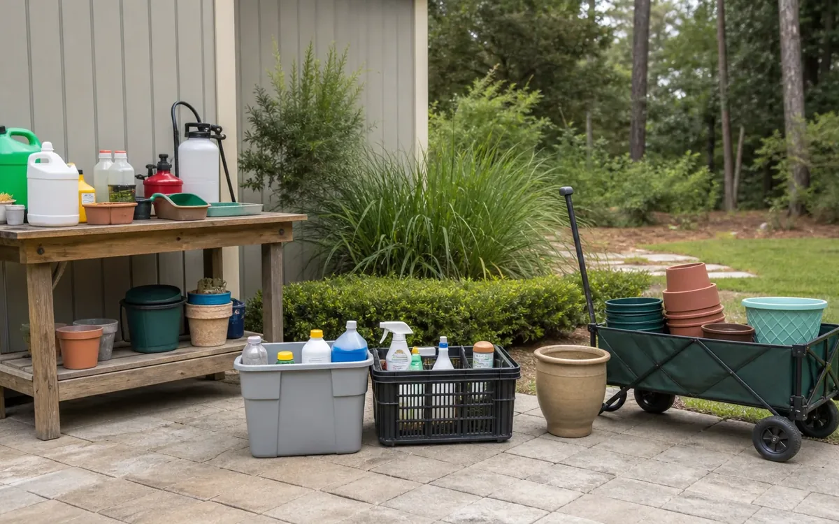 Garden chemicals sit apart in bins near a workbench, while pots and buckets are grouped beside a utility wagon.