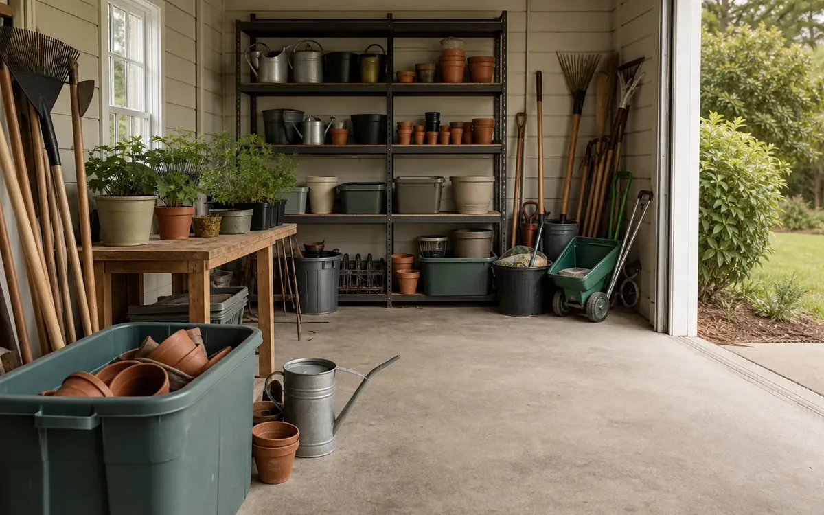 Organized shed with shelves of pots, bins, garden tools, watering cans, plants, and a wheelbarrow.